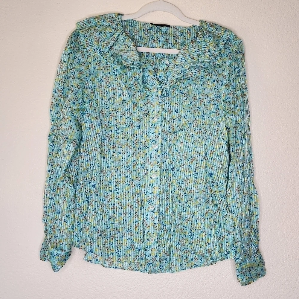 J. Crew Aqua Floral Field  Day Print Ruffle Blouse L